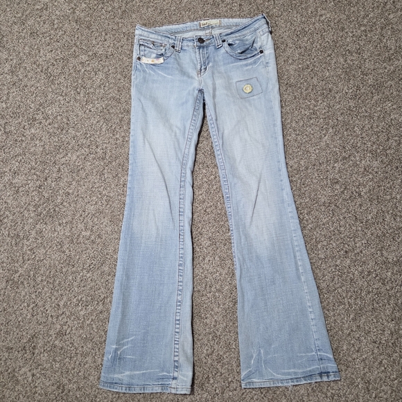 lei Denim - VTG LEI Women's y2k Low Rise Hip Hugger Yellow Flower Stitch Flared Jeans 31x32